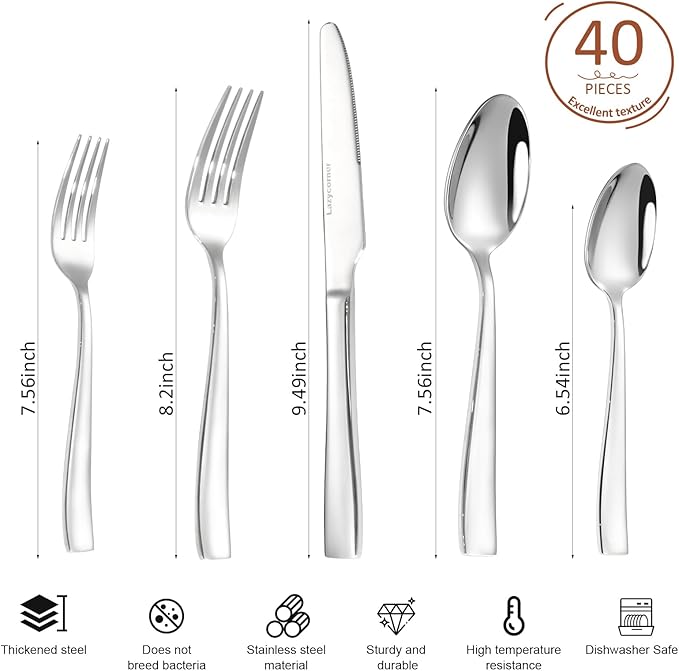 Lazycorner Silverware Set for 8, 18/10 Stainless Steel Flatware Set, 40-Piece Mirror Polished Modern Cutlery Set include Fork Knife Spoon Set(Dishwasher Safe)