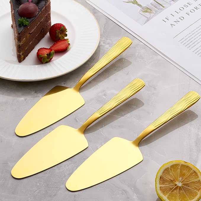 Gold Cake Pie Server, 9.3-inch Stainless Steel Pizza Pie Pastry Server, Set of 3, Cake Serving Set with fashion patterns, Dishwasher Safe