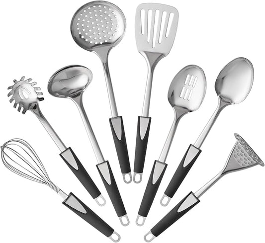 Stainless Steel Kitchen Utensil Set-8 PCS Stainless Steel Kitchen Utensil Set, Nonstick Kitchen Gadgets Cookware Set with Black PP Handle