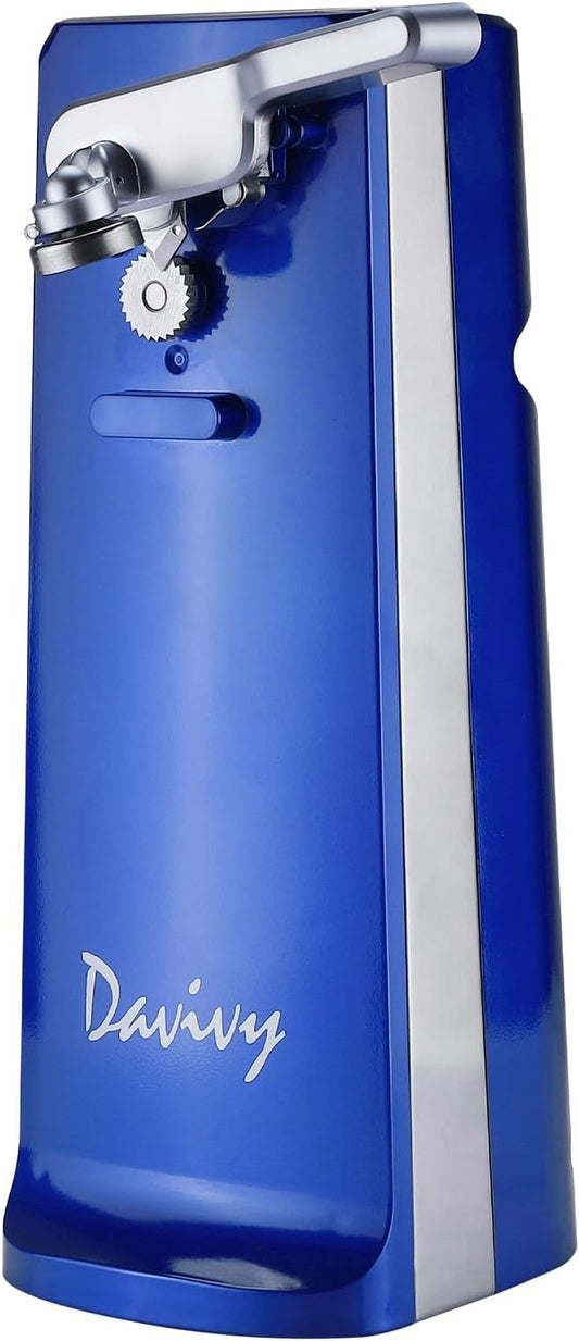 Davivy Electric Can Opener, One Touch Lid Opening, Removable Stainless Steel Cutter and 3-in-1 Design, with Sharpener and Bottle Opener (Blue)