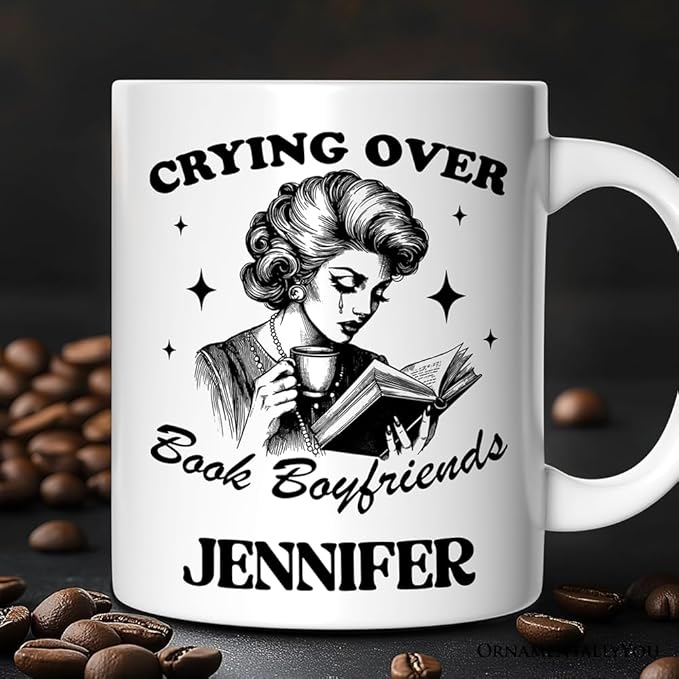 OrnamentallyYou Personalized Valentine Mug (Crying Over Book Boyfriends Personalized Mug, Retro Anti-Valentine Funny Gift With Custom Name)