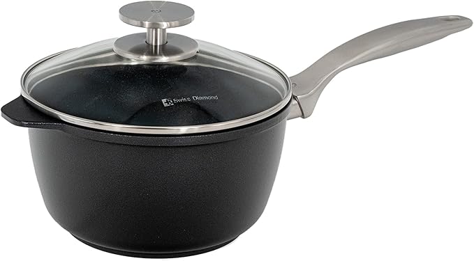 Swiss Diamond Nonstick Hybrid Ceramic and Diamond-Infused Saucepan With Glass Lid, PFAS- and PFOA-free, Dishwasher & Oven Safe Up To 500 째F (2.2 Quart)