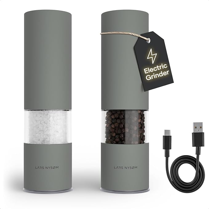LARS NYS횠M Electric Salt and Pepper Grinder Set I Automatic Salt and Pepper Mills with Adjustable Ceramic Grinder I USB Rechargeable Electric Spice Mill Set with LED Light (Ash Gray)