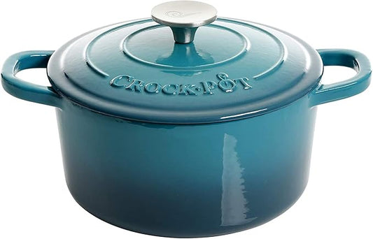 Crock-Pot Artisan 3-Quart Round Enameled Cast Iron Dutch Oven ??Gradient Teal, Durable Heavy-Duty Cookware for Slow Cooking, Roasting, Baking with Lid