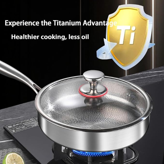 Titanium Hammered Pan Pro with Lid, Multifunctional Ultra-Durable Scratch-Resistant Non Stick, Even Heating for Cooking, Titaniums Nutri Pans Compatible with All Cooktops,11.02in/lid