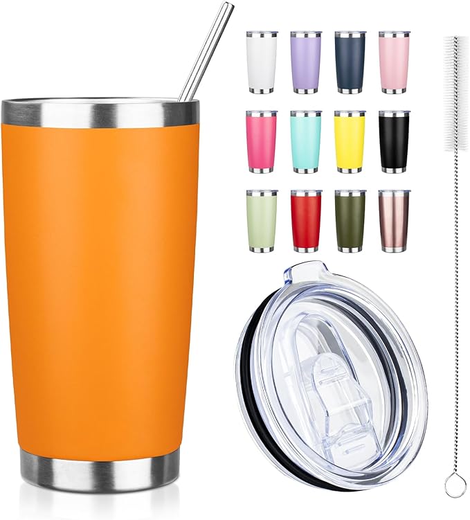 ATIKZHE 20oz Tumbler with Straw and Brush, Stainless Steel Vacuum Insulated tumbler, Double Wall Insulated Coffee Tumbler for Outdoor, Home, Travel,Office (orange,1pcs)