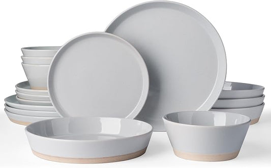 Famiware Saturn 16 Pieces Plates and Double Bowls Sets for 4, Stoneware Dinnerware Set with Pasta Bowl, Dish Set with Trim - Chip & Scratch Resistant, Microwave & Dishwasher Safe, Light Gray