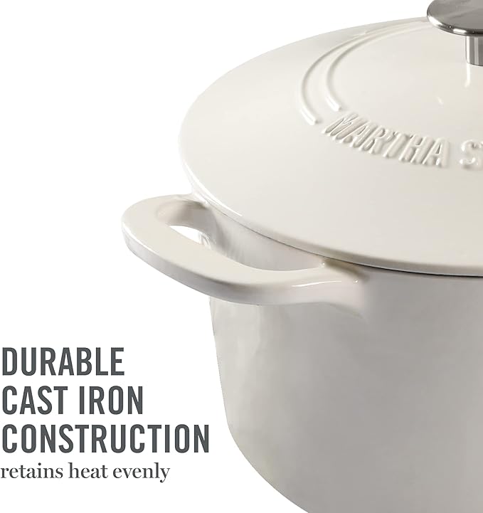 MARTHA STEWART Gatwick 7-Quart Enamel Cast Iron Dutch Oven ??Linen Color with Silver Knob ??Durable Heavy-Duty Dutch Oven for Slow Cooking and Braising