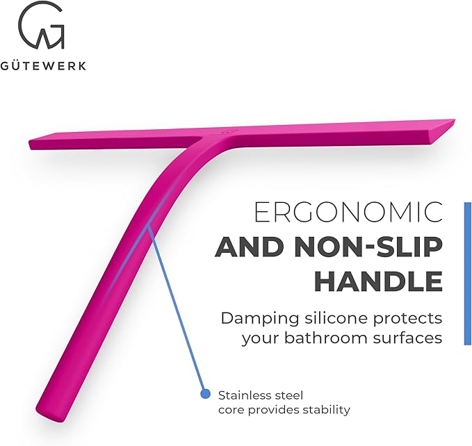 G횥TEWERK Shower Squeegee for Glass Doors, Silicone Window Squeegee, Bathroom and Glass Cleaning - Pink - 11 Inch