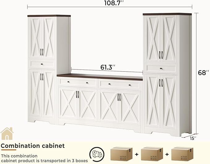 Lyromix 3 Pieces Sideboard and Pantry Set with Storage, Brown Farmhouse Wall Unit Entertainment Center, Large Kitchen Sideboard Buffet Pantry Cabinet with Drawers