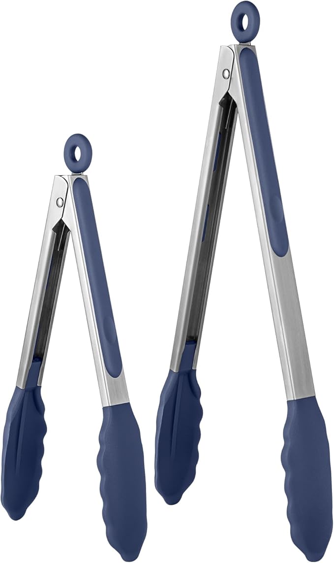 600쨘F Heat Resistant Kitchen Tongs: U-Taste 9+12 inch Silicone Cooking Tong Set with Firm Sealed Non Stick Rubber Tips and Silicon Coated 18/8 Stainless Steel Handle for Serving Grilling-Midnight Blue