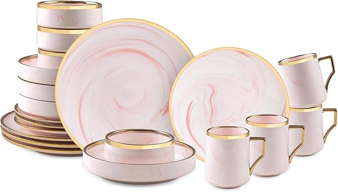 20 Piece Plates and Bowls Sets, Fine China Artisan Marbled Dinner Set for 4, Dishwahser Safe, Scratch Resistant, Pink with Gold Line