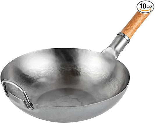 Restaurantware-Motomori 13.38 Inch Hand-Hammered Carbon Steel Wok, 10 Traditional Japanese Wok - Flat Bottom, Wooden Handle, Black Carbon Steel Traditional Stir Fry Pan, With Helper Handle