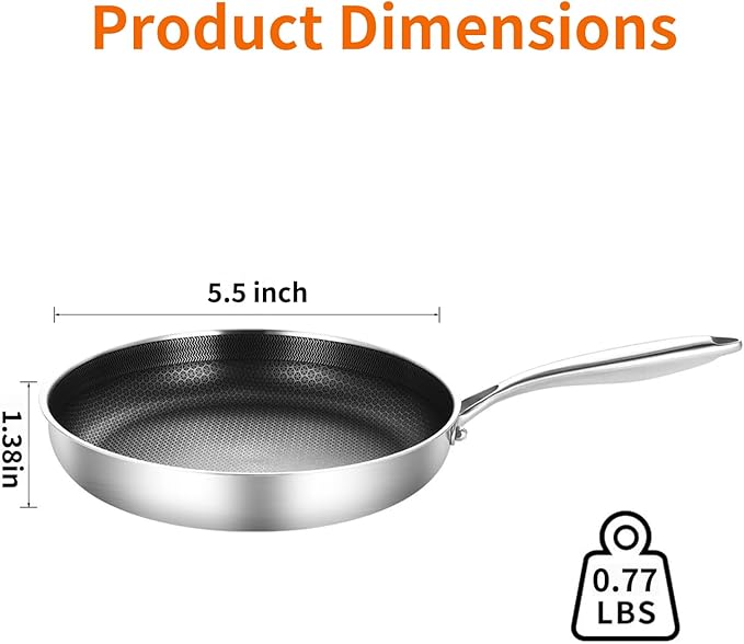 DELARLO 5.5inch Tri-Ply Stainless Steel Omelette Pans,Single Egg Frying Pan Nonstick Frying Pan, Small Pan for Steak, Durable Chef's Pan, Induction Skillets, Compatible with All Cooktops, Up to 600℉