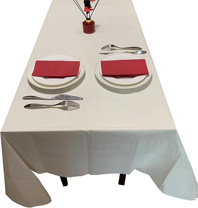 [6 Pack] Cream White Paper Tablecloth Disposable for Rectangle Tables, 54 X 108 Inch Party Table Cover with Plastic Backing, Waterproof 3 Ply Table Cloth for Wedding Banquet Event, New Pattern