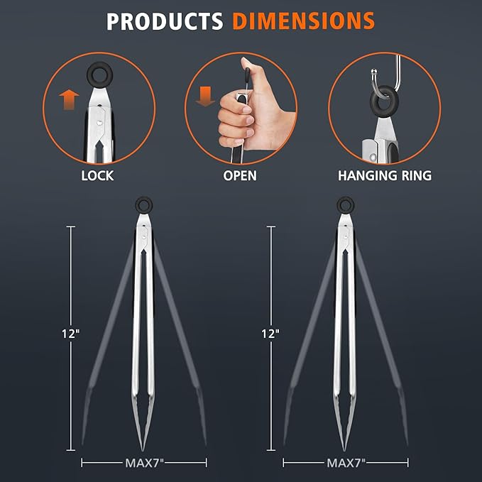Hotec Stainless Steel Kitchen Tongs, Set of 2-12", Locking Metal Food Tongs for Cooking, Serving, BBQ, Grill Non-Slip Grip