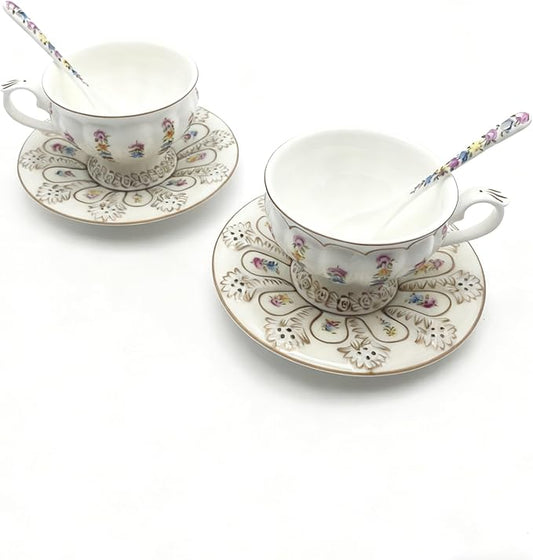 Porlien Hand-painted Golden Floral Coffee Cups and Saucers Set of 2, Vintage Teacups Set with Spoons