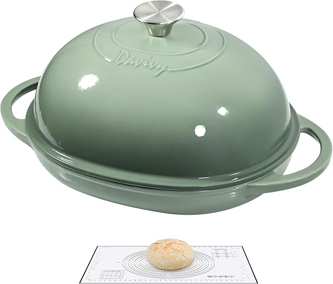 Davivy 6QT Oval Sourdough Dutch Oven with Silicone Baking Mat, Cast Iron Bread Oven for Sourdough 6QT,Bread Cloche Dutch Oven Baking Pan with Domed Lid - Sea Salt Green