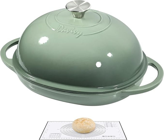 Davivy 6QT Oval Sourdough Dutch Oven with Silicone Baking Mat, Cast Iron Bread Oven for Sourdough 6QT,Bread Cloche Dutch Oven Baking Pan with Domed Lid - Sea Salt Green