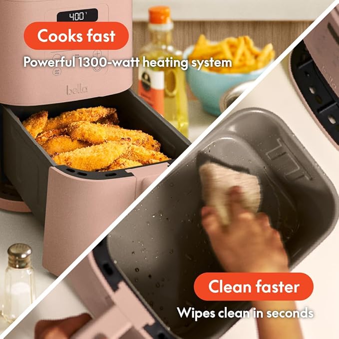 bella 4Qt Slim Air Fryer, Fits-anywhere??Kitchenware, EverGood??Ceramic Nonstick Coating, Adjustable Temperature, 6 Preset Cooking Options, 60 Min Auto Shutoff w Audible Tone, 3.3lb Capacity, Blossom