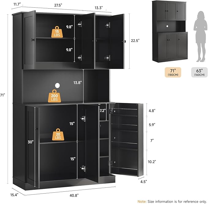 ONBRILL 71" Tall Kitchen Pantry Storage Cabinet with Microwave Stand & Door Shelf, Freestanding Kitchen Hutch with 6 Doors and Adjustable Shelves, Modern Food Pantry for Dining Room, Black