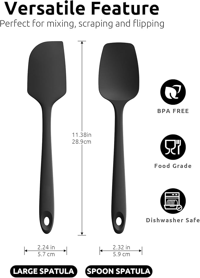 U-Taste Flat Spatula & Spoon Spatula: 11.38in 600쨘F Heat Resistant Silicone Bowl Scraper, Flexible Rubber Kitchen Cooking Mixing Utensil with Upgraded Non-Stick Surface (Set of 2, Black)