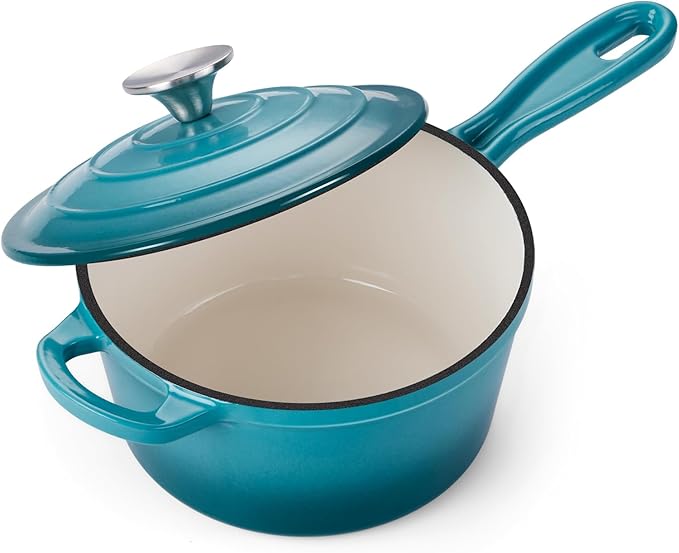 Onader Enameled Cast Iron Sauce Pan, 2QT Saucepan with Lid, Small Cast Iron Pot for Cooking, Enamel Dutch Oven Nonstick & Heavy Duty ??Dark Cyan