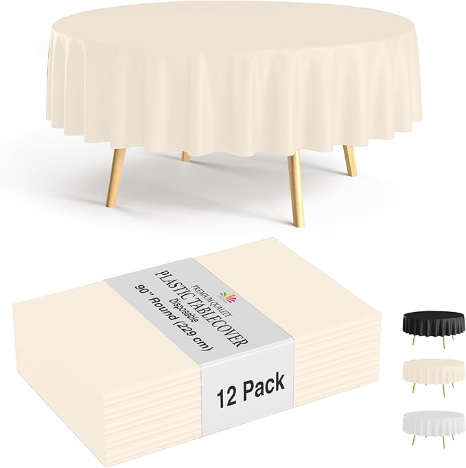Party Solids 12-Pack Ivory Round Plastic Tablecloth Disposable ??Size: 90 Inches ??Round Plastic Table Cloths for Parties, Picnics & Formal Events