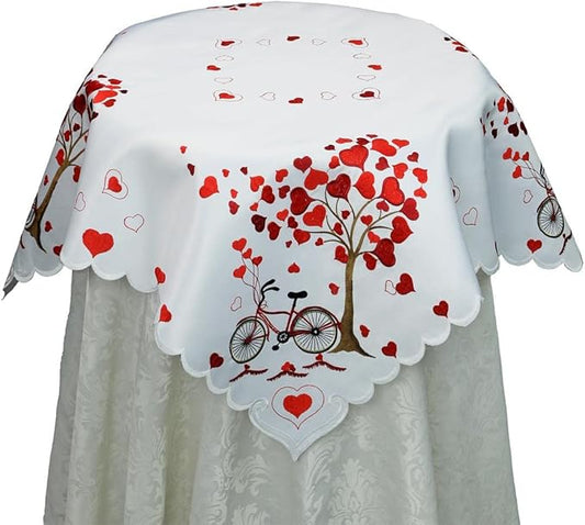 Creative Linens Embroidered Red Hearts Table Runners, Tablecloths for Valentine's Day, Mother's Day, Wedding, Anniversary Decoration (33" Square Table Topper)
