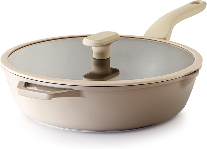 PRICUSIS Nonstick Deep Frying Pan with Glass Lid, 12 Inch (4.8 qt), 5X Durable Nonstick Saut챕 Pan, Scratch & Stain Resistant, PFOA Free, Induction Compatible, Dishwasher & Oven Safe, Natural Linen