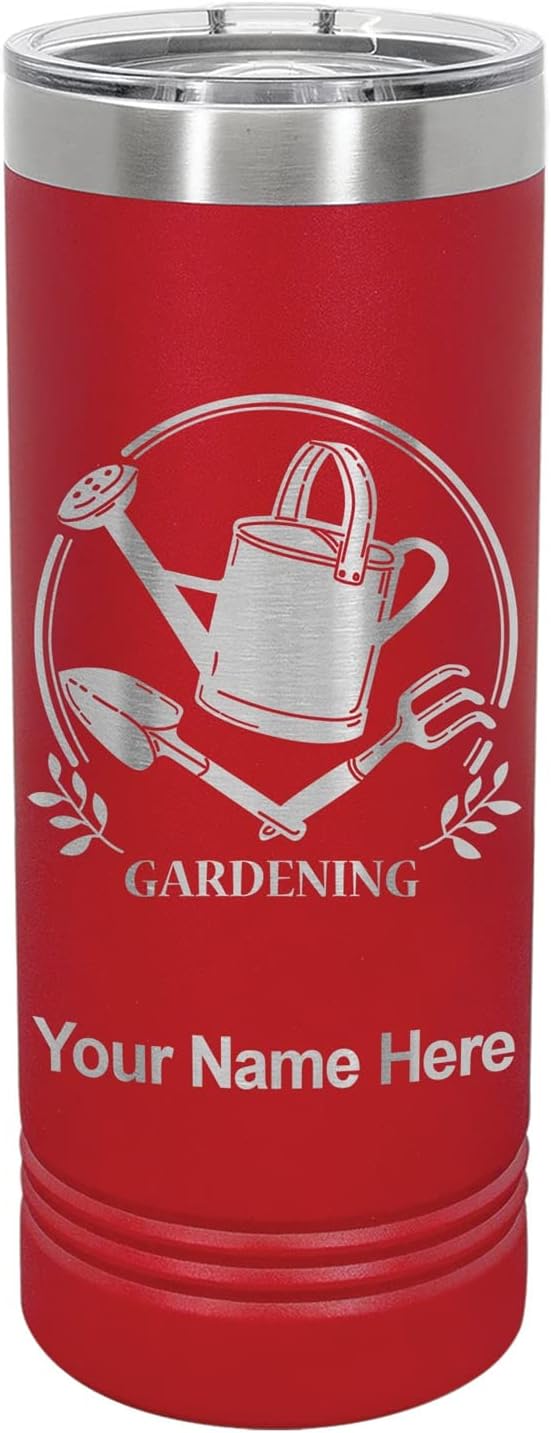 LaserGram 22oz Vacuum Insulated Skinny Tumbler, Gardening, Personalized Engraving Included (Red)