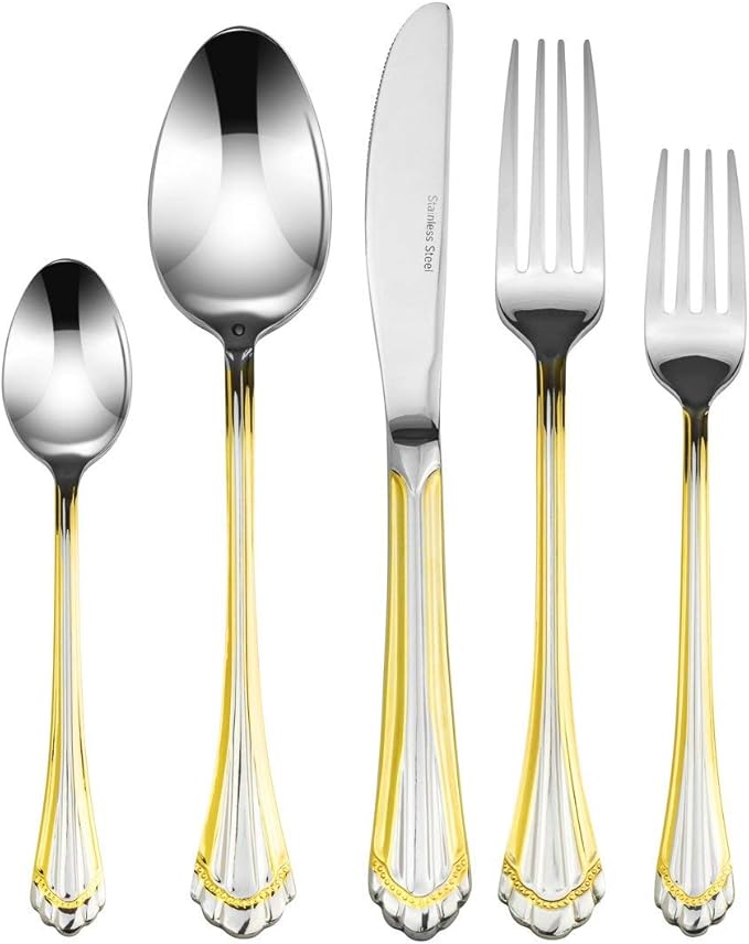 18/10 Stainless Steel Flatware Set - 20pc Italian Collection Style Utensils with Gold Shell Edge Design - Essential Items for Apartment and Kitchen - Ideal for Wedding Gift (Longshell (20 Piece))