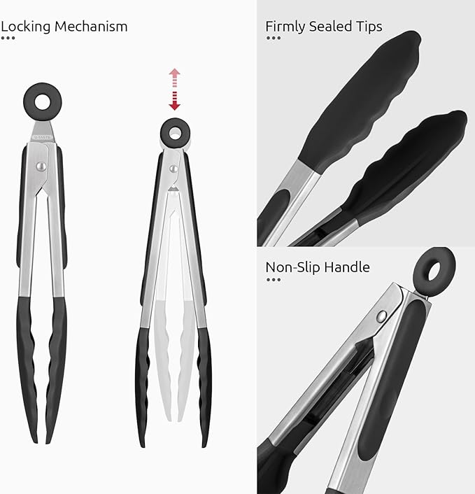 600쨘F Heat Resistant Kitchen Tong: U-Taste 7 inch Silicone Cooking Tong with Firm Sealed Non Stick Rubber Tips & Silicon Coated 18/8 Stainless Steel Handle & Smooth Locking for Serving Salad (Black)