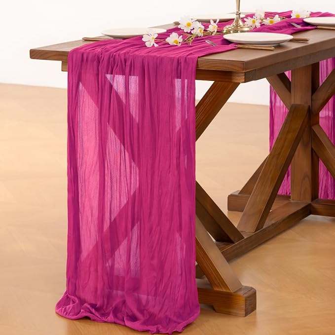 Socomi 3pcs Fuschia Spring Cheesecloth Table Runner Boho Rustic Gauze 120 inch 10FT Cheese Cloth Runner for Wedding Party Baby Shower Birthday Home Decor