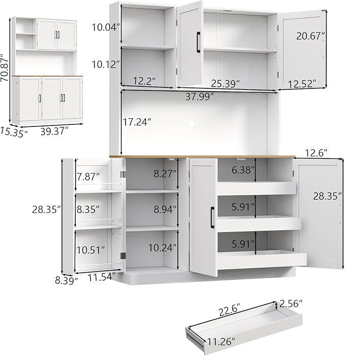 71" Tall kitchen Pantry Storage Cabinet, Modern Kitchen Hutch with 3 Pull-out Drawers, Kitchen Pantries with Microwave Stand & Door Shelf, Food Pantry with Adjustable Shelves for Dining Room (White)