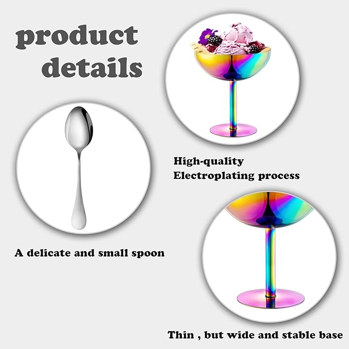 Ice Cream Bowls Stainless Steel Dessert Cups with Spoons Reusable Footed Sundae Cups Ice Cream Cups for Dessert, Frozen Yogurt, Gelato, Birthday Party Decorations (1, Colorful)
