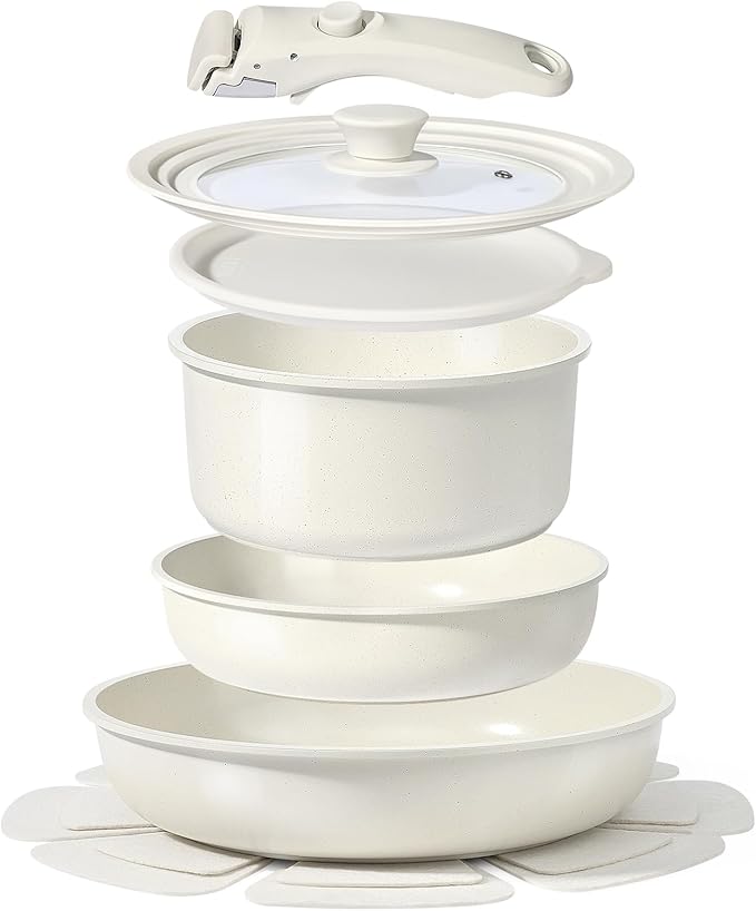GiPP Ceramic Pots and Pans Set Non Stick, Nonstick Detachable Handle Cookware Sets, Healthy Non Toxic PFAS PFOA & PTFE Free, Dishwasher 竊냀ven Safe, Induction Kitchen Pot and Pan, 8 Piece Cream