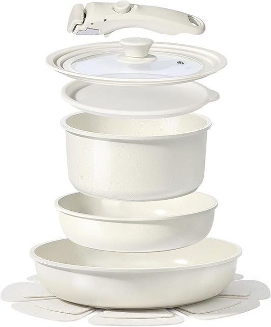 GiPP Ceramic Pots and Pans Set Non Stick, Nonstick Detachable Handle Cookware Sets, Healthy Non Toxic PFAS PFOA & PTFE Free, Dishwasher 竊냀ven Safe, Induction Kitchen Pot and Pan, 8 Piece Cream