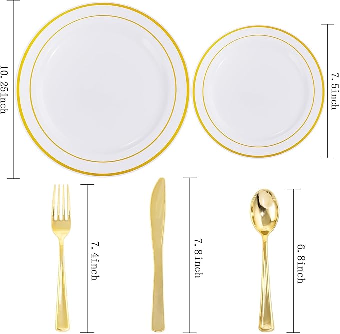 I00000 300 Pcs Gold Plastic Plates with Silverware, White and Gold Plastic Dinnerware Set for Party include: 60Dinner Plate 10.25", 60Dessert Plate 7.5", 60 Silverware Sets for Wedding & Party