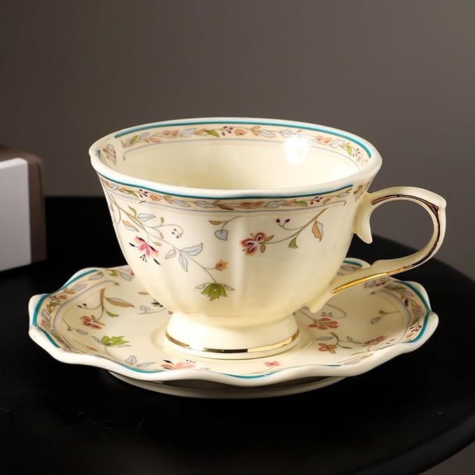 Golden Handle Ceramic Tea Cups and Saucers,Vintage flower Pattern Espresso Coffee Mug Set,Bone China Tea Cups about 8.45 oz/250 ml, Style02