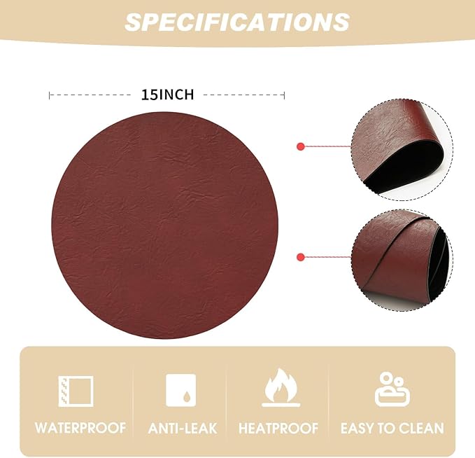 Artoid Mode Red Faux Leather Placemats Set of 6, 15 Inch Waterproof Wipeable Heat Resistant Place Mats, Reversible Table Mats for Christmas Kitchen Dining Decor