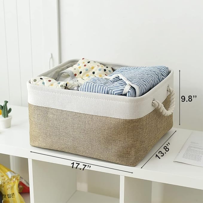 TheWarmHome Organization and Storage Basket for Organizing - X Large - 3 Pack 17.7L횞13.8W횞9.8H in Collapsible Storage Bin for Shelves, Fabric Basket for Gifts Organizer Toy Closet (White & Khaki)