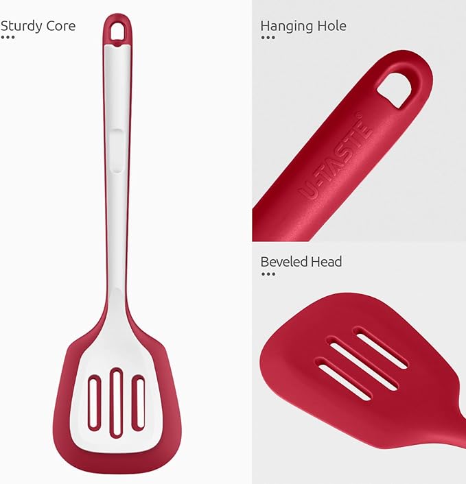 600쨘F Heat Resistant Slotted Turner: U-Taste 13.6in Silicone Kitchen Spatula Flipper, 3.74in Wide Food Grade Flexible Thin Rubber Cooking Utensil for Egg, Pancake, Cookie in Nonstick Cookware (Red)