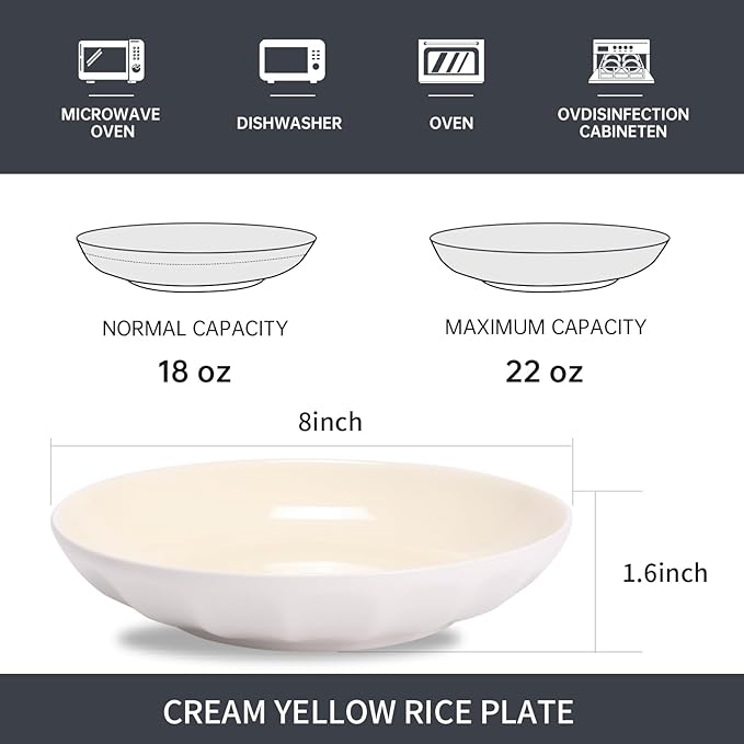 Set of 6 Dinner Plates 8 Inch, Yellow Porcelain Plates, Microwave Oven Dishwasher Safe Scratch Resistant (Yellow, 8 inch)