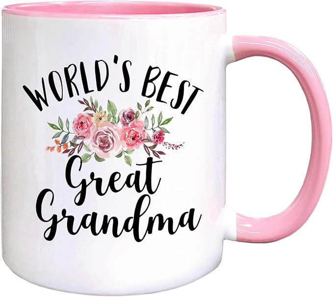 QASHWEY World's Best Great Grandma Floral Coffee Mug, Great Grandma Mother's Day Birthday Gifts from Great Grandkids, Best Great Grandmother Gifts Double Side Printed Ceramic Mug Cup 11 Ounce(Pink)