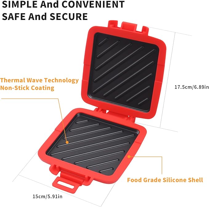 Microwave Sandwich Maker, Heat-Resistant Silicone Rubber Shell, Advanced HeatWave Technology, Non-Stick Plates, Easy to Clean, Makes Toast, Sandwiches, Paninis, Patties (Red)