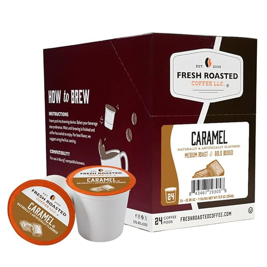 Fresh Roasted Coffee, Caramel, Flavored Coffee Pods, 24 Count