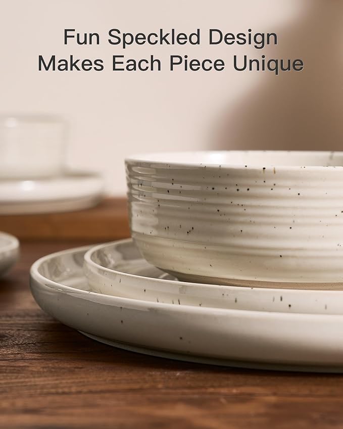 Plates and Bowls Sets for 6, Famiware Premium 18-Piece Stoneware Dinnerware Set - Reactive Glaze with Speckles & Spirals, Chip & Scratch Resistant, Dishwasher Safe, Dish Set with Gift Box, Shell Beige