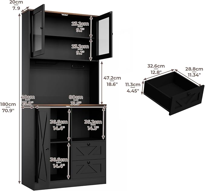 71?섃셁itchen Pantry Storage Cabinet with LED Lights and Power Outlet, Tall Farmhouse Kitchen Hutch with Microwave Stand,Globet Hooks and Adjustable Shelf for Dining Living Room,Black