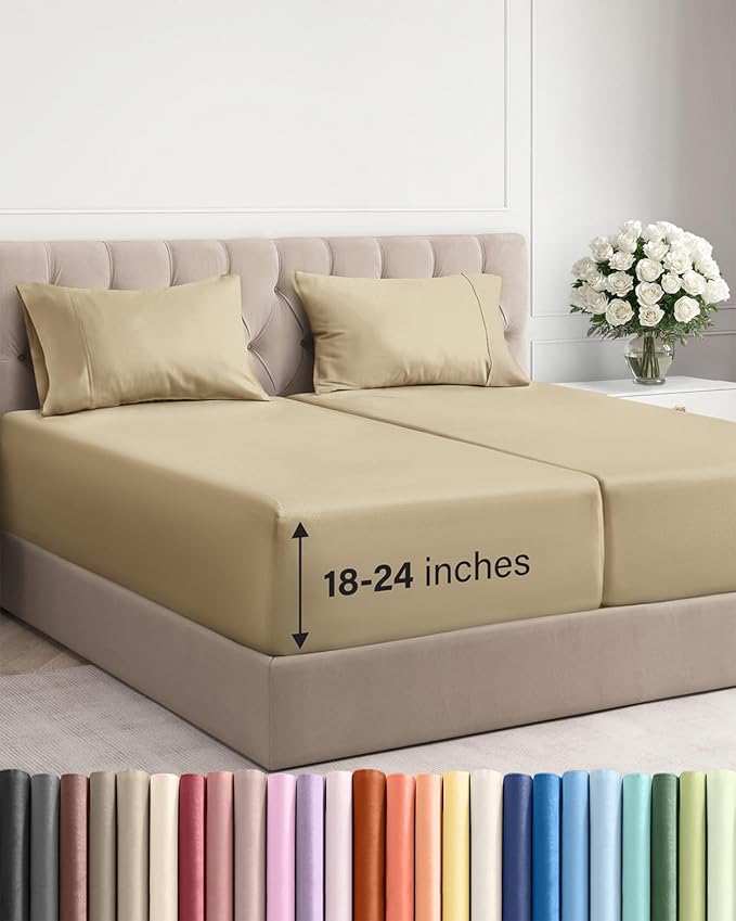 Extra Deep Pocket Split King Sheets - 5 Piece Breathable & Cooling Bed Sheets - Hotel Luxury Bed Sheet Set - Soft, Wrinkle Free & Comfy - Easily Fits Extra Deep Mattresses - Deep Pocket Beige Sheets